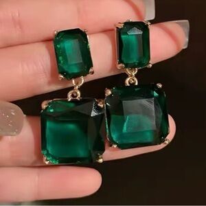 Vintage Square Green Crystal Zircon Dangle Earrings